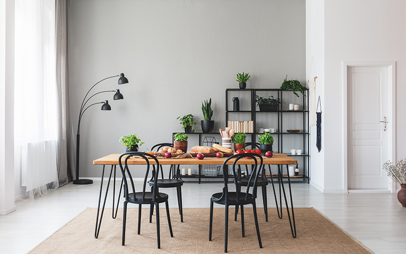 Dining room scene with free 3D model of a wooden table and chairs