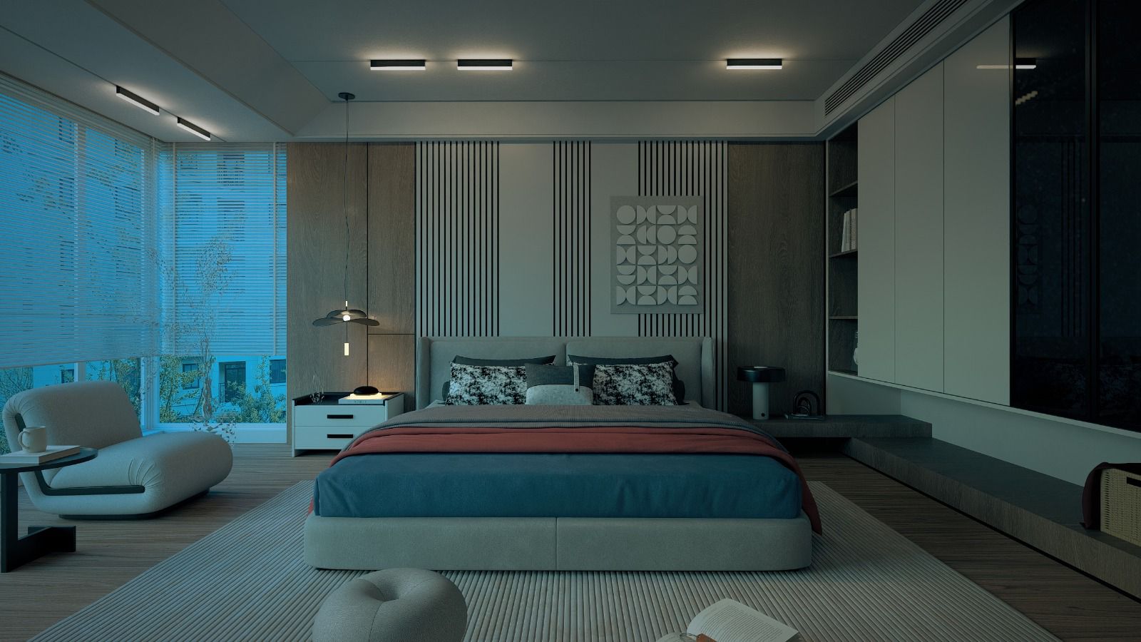 Modern bedroom interior with minimalistic furniture and large windows