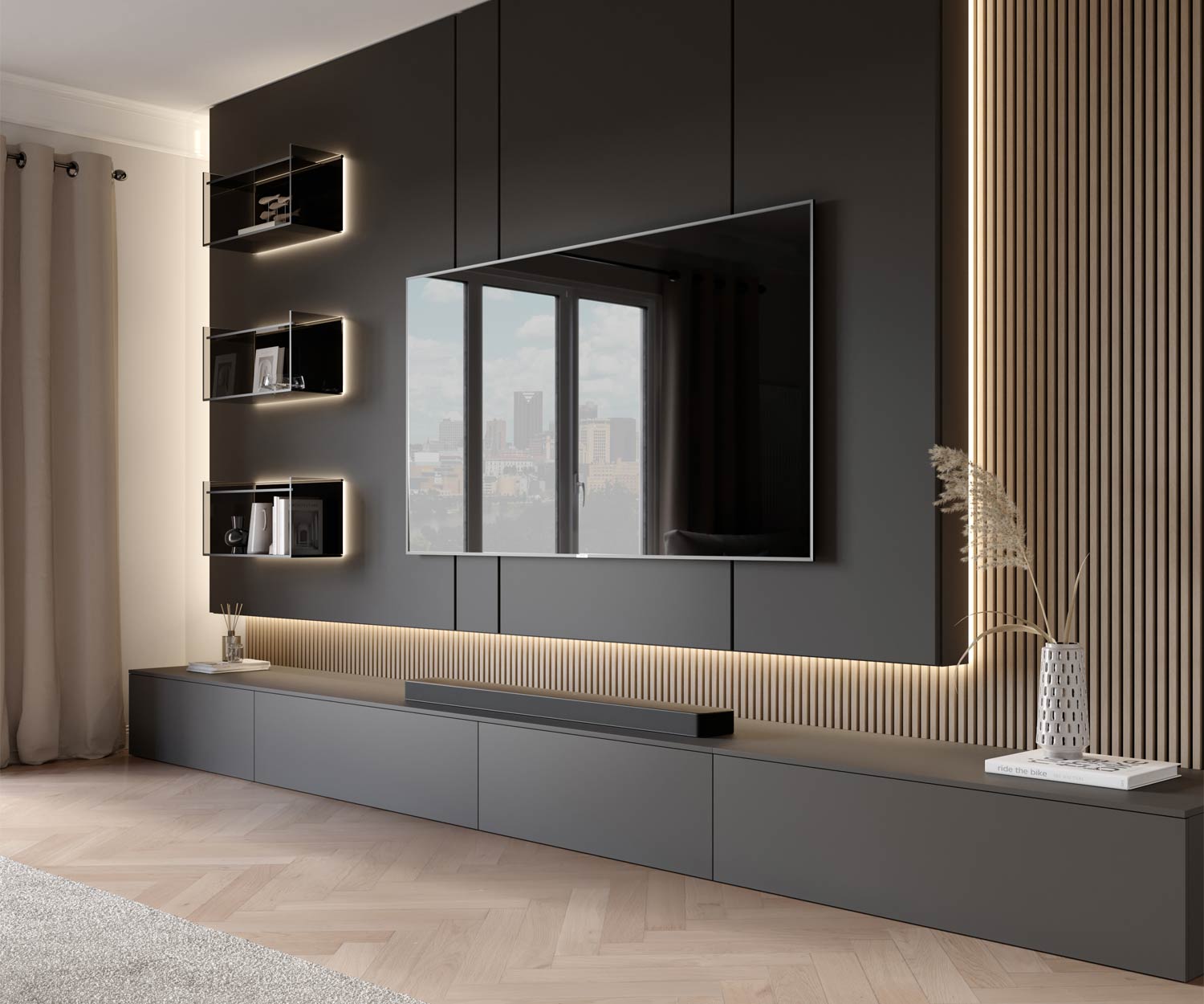 Modern TV wall unit with LED lighting – free 3D model for living room interiors