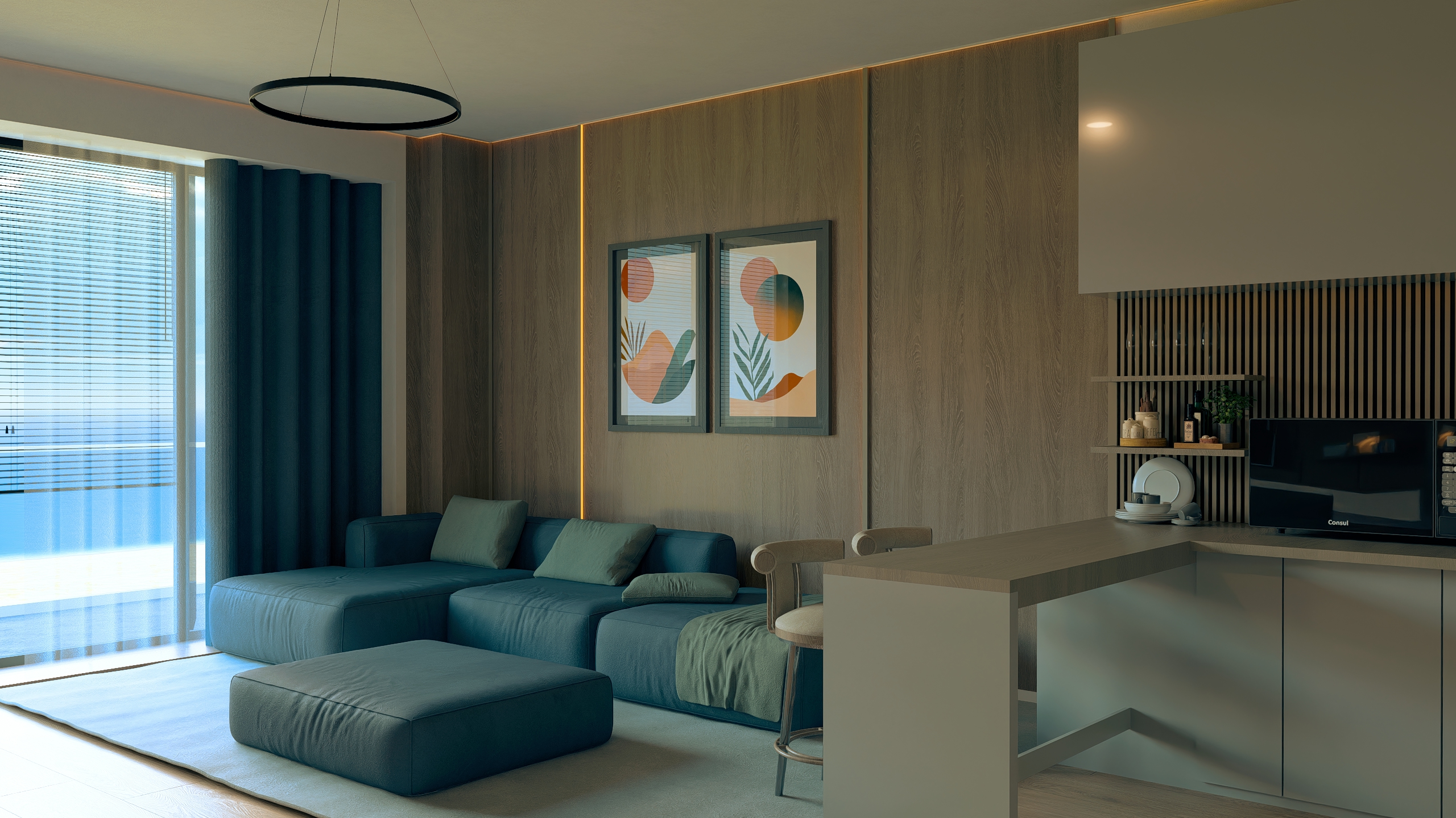 Interior design modern pentru apartament premium cu living elegant, lumină ambientală și finisaje contemporane