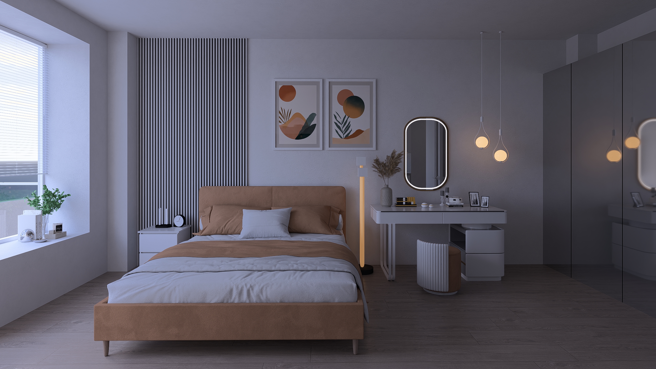 Interior design pentru apartament modern cu zonă de noapte, iluminare indirectă și finisaje premium