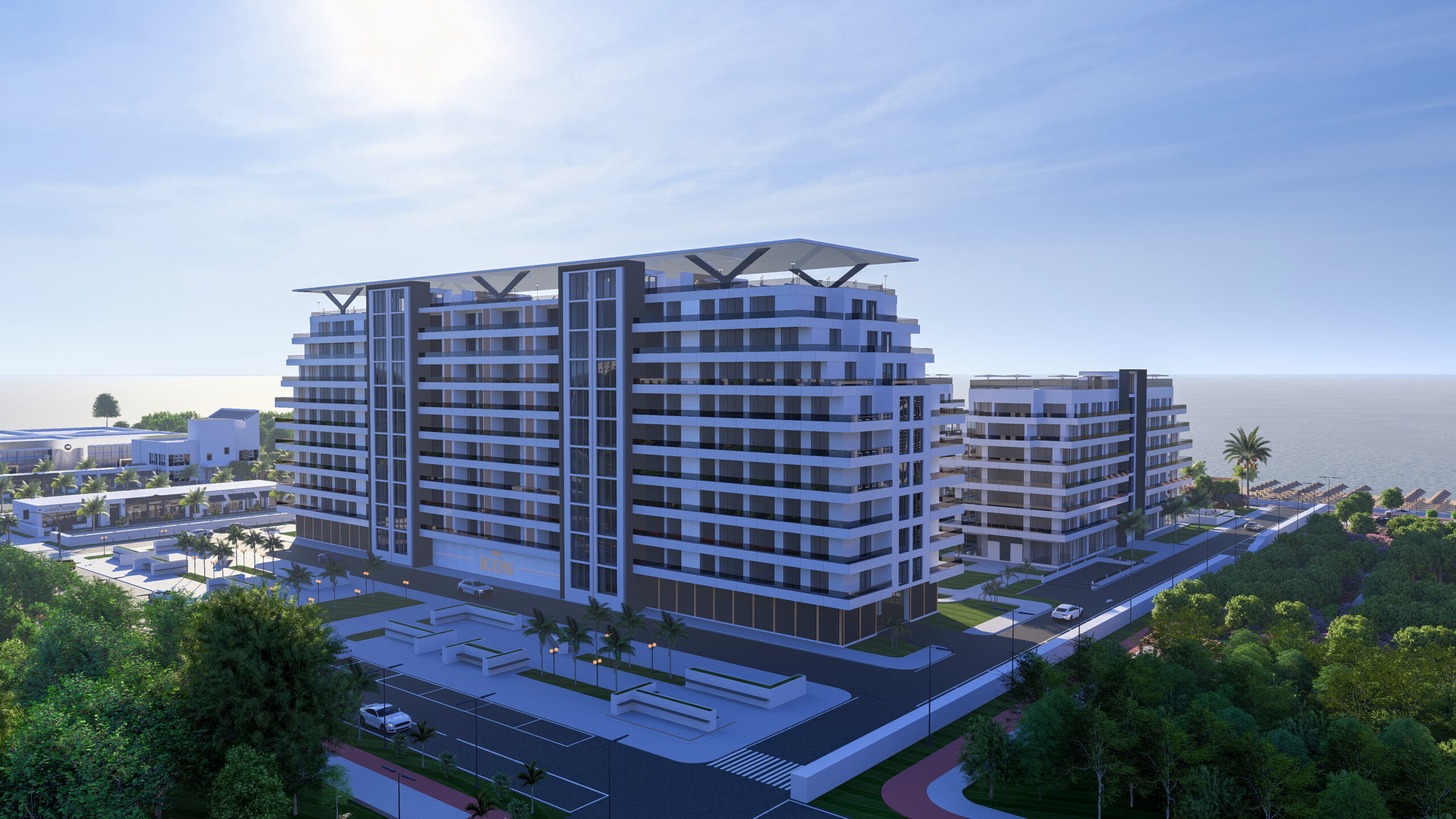 Vizualizare 3D exterior pentru imobil modern și birouri