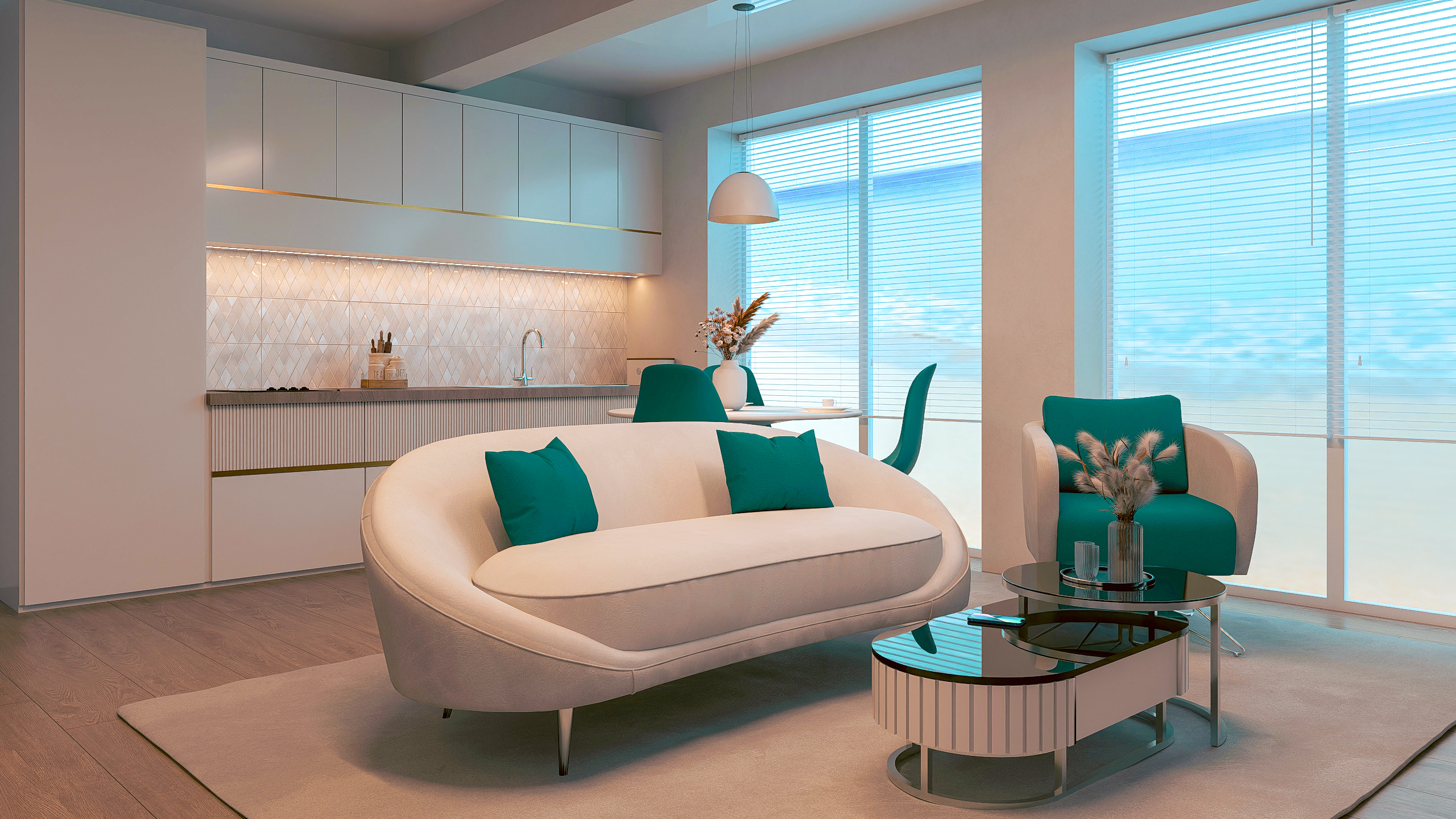 Apartament modern cu interior design premium, finisaje elegante, iluminare caldă și atmosferă contemporană